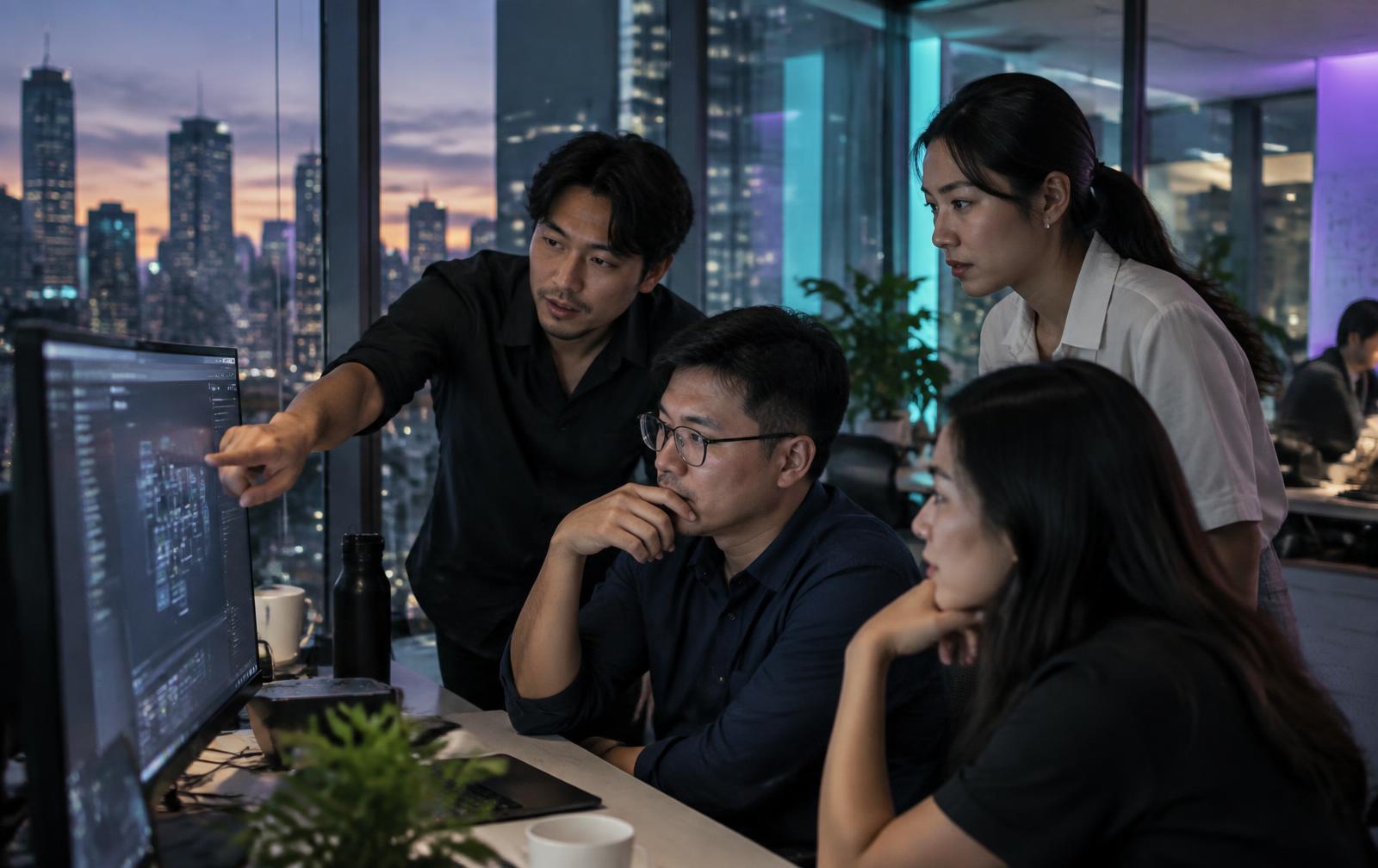 สำนักงานเทคโนโลยีสมัยใหม่ของ Zura Labs & Business Hub ในกรุงเทพฯ ยามค่ำคืน